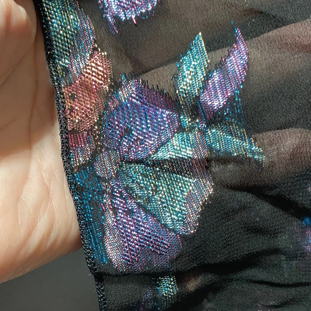 Vintage Amanda Smith 58” x 9” Multi color metallic black Floral Patterned Scarf